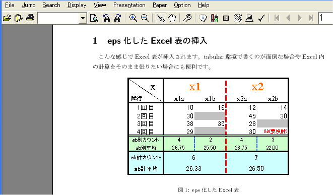 Excel表を取り込んだdvi